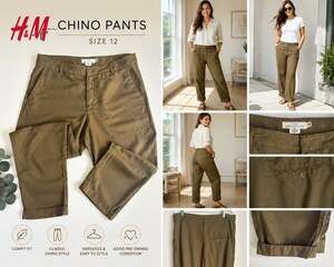 H&M L.O.G.G. Women’s Olive Green Chino Pants Size 12 Casual Roll Cuff Straight L